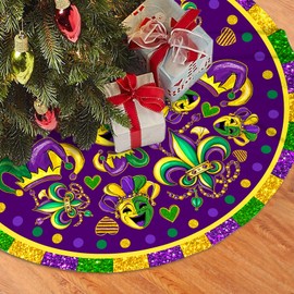 Mardi Gras Christmas Tree Skirt 36 Inch Carnival Party Xmas Ornament for Home Party Holiday Masquerade Decoration