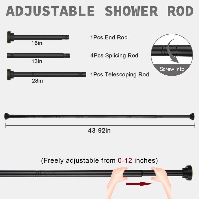 Thestoa Shower Curtain Rod Adjustable 43-92 inch, 1"Diameter Spring Tension