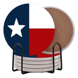 Texas State Flag Round Coasters Set of 6 - Abosrbent Ceramic with Metal Stand for Drinks, Coffee, Non-Slip Cork Back for Tabletop Protection, 4 Inches (Texas Flag)
