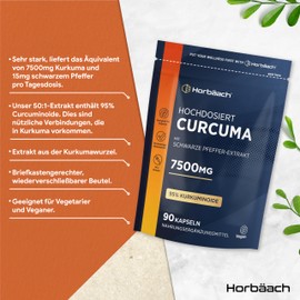 Curcuma Kapseln Hochdosiert 7.500 mg | Kurkuma Extrakt Kapseln mit Schwarzer Pfeffer | 3 Monate Vorrat - 90 Vegane Stk | Horbaach