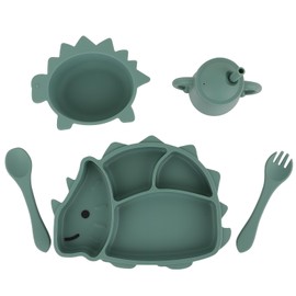 Silicone Baby Feeding Set, Hedgehog Shape Divided Plate with Suction, Toddler Self Feeding Dish Set with Spoons Forks Sippy Cup Bowl, Baby Led Weaning Supplies for Ages 6 Months and Up (Green)