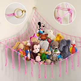 ABBY BABY Large Stuffed Animal Hammock Corner - Stuffed Animal Storage - 100% Natural Cotton Macrame Stuffed Animal Net - Stuff Animal Organizer - Net For Stuffed Animals Corner Large-Pink