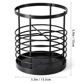 WDT Tool Utensil holder for Kitchen Counter - 5.2" x 5.2" x 6" Large Round Utensils Holder with Wooden Base Matte Black Cooking Utensil Holder，Kitchen countertop Utensil Organizer (Metal-1)