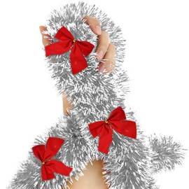 candyfouse 6.6 Feet Christmas Garland, Silver Frost Tip Metallic Garland,with 6 Red Bowknots Christmas Decorations for Tree and in Indoor Outdoor, Perfect for Holiday, Wedding, and Party Detor
