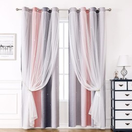 Blackout Curtains for Bedroom Living Room Nursery Thermal Curtains Eyelet Kids Baby Girls,Voile Net Curtains for Windows,Pair 2 Panel Soundproof 52 x 54 inch Drop Black Out Curtain Pink Grey Curtains