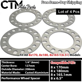 CTM 4Pc 1/4"(6mm) THICK 8x6.5 8x180 8x170 8x165.1 WHEEL SPACER FIT CHEVY 8LUG MODEL