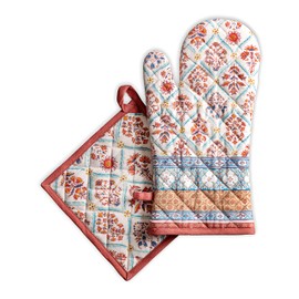 Maison d' Hermine Oven Mitts + Pot Holders 100% Cotton Heat Resistant Oven Mitt (19cm x 33cm) & Pot Holder (20cm x 20cm) Cooking Baking Grilling, Romane - Thanksgiving/Christmas