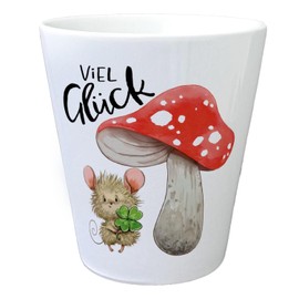 Mouse with Toadstool Flower Pot with Saying Good Luck Lucky Charm Mouse Health Wish Clover Mushroom Motif Greetings