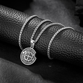 Crafted Compass Coin Necklace with Wheat Chain for Men, Mens Necklace with Compass Pendant Perfect for Travelers and Adventurers,24inch (24, Antique Silver-Round Lost-Wheat Chain)
