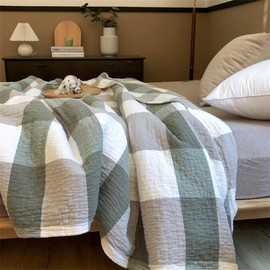youlanhome 4-Layer Muslin 100% Cotton Blanket, Fluffy Breathable Soft Bed Blankets for Couch, Adults Lightweight Breathable Bath Towel and Kids Travel Throw Blanket,Green Checkered80 X 90"