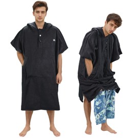Catalonia Hooded Surf Poncho, Changing Towel Robe with Pocket, Quick Dry Swim Pool Towel for Adults Men Women, Summer Beach Poncho Robe for Surfing Swimming Camping, Black