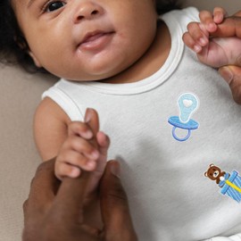 HEYTRCO 8PCS Baby Boy Iron on Patches, Blue Cartoon Infant Pacifier Bottle Embroidered Patches for Clothes, Custom Gift Footprint Applique for Kids, Boys, Hats, Jeans, Jackets, Bags, Backpacks, Dress