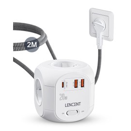 LENCENT 4 Fach Steckdosenleiste Flachstecker Steckdosenwürfel Typ-C PD20W Mehrfachsteckdosen 7 in 1 Cube Steckdose mit 2USB3.0&1PD20W, Steckerleiste mit 2M Geflochtenem Kabel für Wandsteckdose
