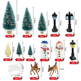 KBNIAN 36Pcs Miniature Christmas Tree, Bottle Brush Trees with Wood Base Mini Artificial Xmas Trees Mini Model Snow Trees with Mini Snowman, Street Lamps, Deer for Xmas Table Decor Miniature Scenes
