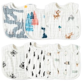 Zainpe 6Pcs Muslin Cotton Baby Bibs Tree Snowflake Bear Bib Adjustable Neutral Burp Cloths with 6 Absorbent Soft Layers for Unisex Infant Toddler Newborn Drooling Feeding Teething