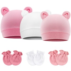 3 Pcs Newborn Baby Bear Ear Hats and Mittens Set Infant Beanie Caps Newborn Hospital Hat for Baby Boy Girl 0-3 Months