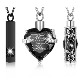 MTLEE 3-Piece Unisex Adult Cremation Urn Necklace Set: Vertical Bar Zircon, Heart Crystal, Stainless Steel; Waterproof Memorial Pendants for Ashes, Pet Ashes, Keepsakes; Black Zircon; 3 Count