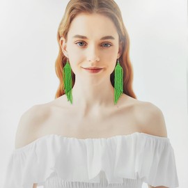 Kaseakia Wing Shape Beaded Tassel Dangle Earrings for Women, Big Large Long Bead Beaded Drop Earrings (Green)