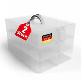 BigDean Sorting Box 2 Pieces Storage with Handle, Transparent, 24 x 18.5 x 16 cm, 3 Levels with 21 Compartments, for Toys, Office Utensils, Craft Material, Small Parts