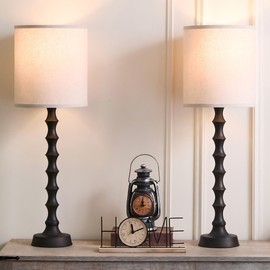 EUO 30.5" Rustic Buffet Table Lamps for Living Room Set of 2, Farmhouse Table Lamps for Buffet Set of 2, Oil Rubbed Bronze Candlestick Lamps with Linen Oatmeal Lampshade, Vintage Tall Skinny Lamps