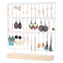 QILICHZ Earring Stand, 3-Tier Earring Holder, Stud Earrings, Decorative Jewellery Holder, Jewellery Stand, Display with Wooden Tray, for Earrings, Necklace, Bracelet, Rings