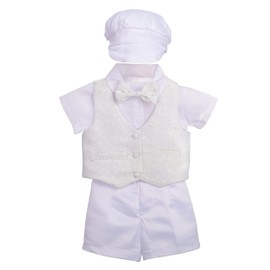 Dressy Daisy Infant Baby Boys Christening Clothing Baptism Outfit 5 Pieces Suit Set with Bonnet Hat Size 6-9 Months, Short Sleeves, White