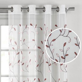 Window Elements Wavy Leaves Embroidered Sheer Grommet Curtain Panel, Rust