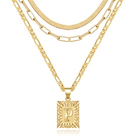 KissYan Gold Layered Necklace Set for Womens, 14K Gold Plated Initial Letter Pendant Necklace Paperclip Snake Choker Silver Alphabets from A-Z Figaro Chain Necklace Jewelry Gift (Gold P)