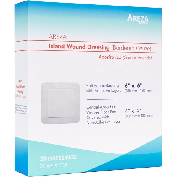 Bordered Gauze Island Dressing 6" x 6" Sterile Latex Free 20 Per Pouch; Wound Dressing by Areza Medical