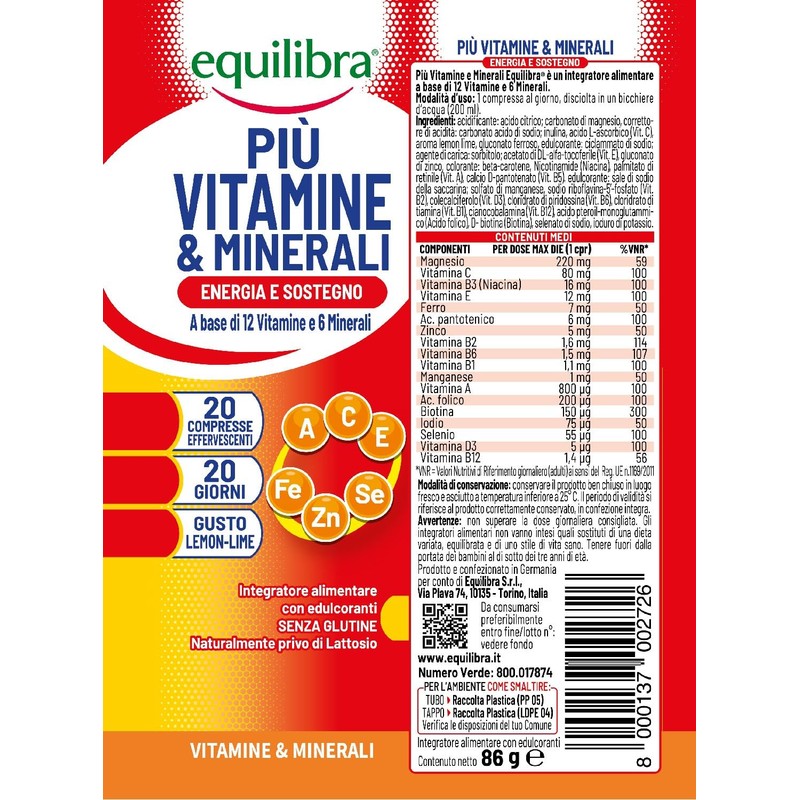 Equilibra Integratori Alimentari, Più Vitamine e Minerali, Integratore Multivitamine con