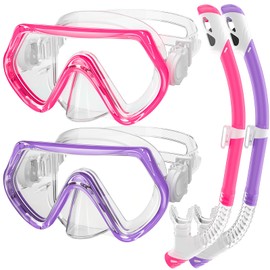 Kids Snorkel Set, Unisex Kids Swimming Goggles, Anti-Fog Diving Mask and Dry Top Snorkel Combo Set for Kids 3-14 (Purple+Pink)
