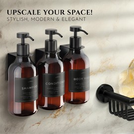 Shampoo & Conditioner Dispenser - Shower Soap Dispenser Wall Mounted - Set of 3 16.9 Oz Plastic Bottles with Pump & Holder - Shampoo Dispenser - Shower Dispenser Chamber No Drill (3 X Amber/Black)