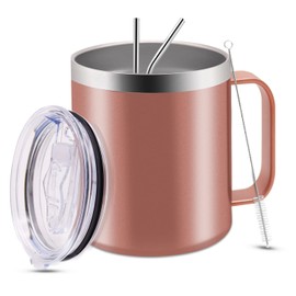 Termo para Cafe de Acero Inoxidable 400ml, Termo Taza para Café con Tapa Hermética, Pajita y Cepillo de Limpiezar, Taza Termica Frio y Caliente Portátil Vaso de Viaje para Cafe, Té, Agua y Una Variedad de Bebidas (oro rosa)