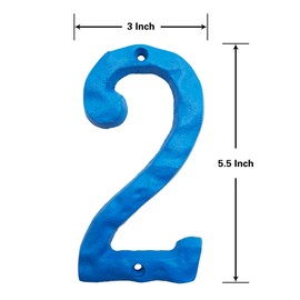 5.5 Inch High Cast Iron House Number, Solid Hammered Home Address Numbers, Elegant Blue Finished (Number 2)
