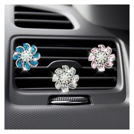 3PCS Bling Diamond Flower Car Air Freshener Vent Clips, Cute Crystal Rhinestone Interior Clip-On Air Conditioning Outlet Decoration, Car Aroma Diffuser Vent Clip Charm for Women & Girls (3 Colors)