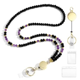 ACLOKOO Lanyards for ID Badges for Women Cute,Teacher Lanyard for Women Retractable Natural Crystal Beaded Lanyards for Keys (Amethyst)