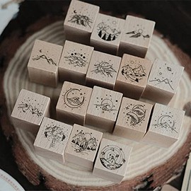 Mantouxixi 16Pcs Vintage Wooden Rubber Stamps Set, Wood Mounted Rubber Stamps for Arts and Crafts, Bullet Journals, Card Making, Scrapbooking Scrapbooks, Envelope, Diary & Tags - Mountain & Sea