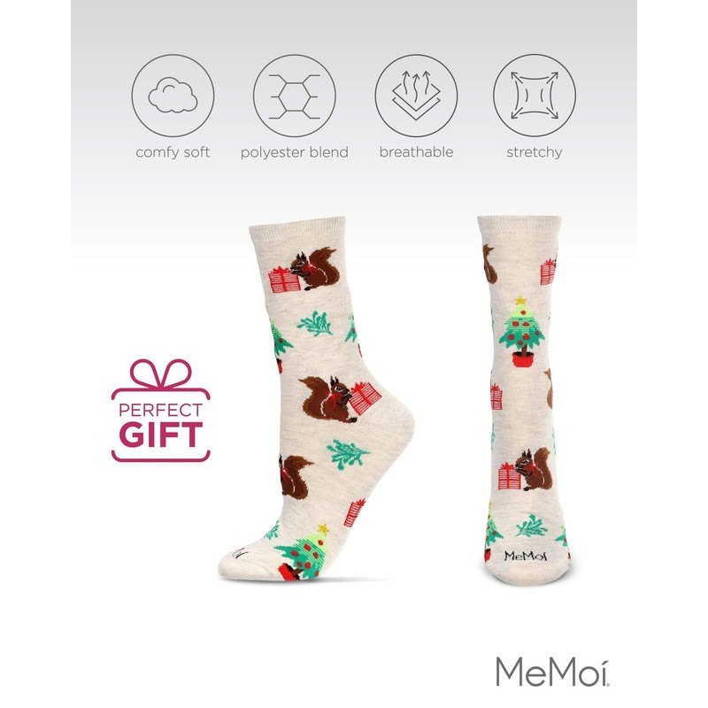 MeMoi Women's Festive Squirrel Crew Socks Oatmeal Heather 9-11