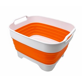 SAMMART 7.5L Collapsible Dishpan with Draining Plug - Foldable Washing Basin - Portable Dish Washing Tub - Space Saving Kitchen Storage Tub (White/Orange)