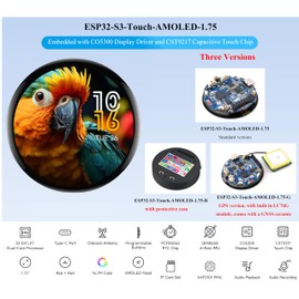 ESP32-S3 with 1.75inch AMOLED Round Touch Display Development Board, 466x466, QSPI, Type-C Interface Onboard Dual Digital Microphone Array, Support AI Speech Interaction,with 8Ω 2W Speaker