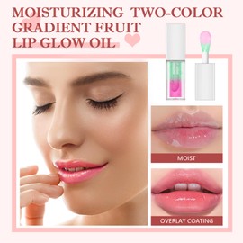 Prreal Lip Glow Oil, Moisturizing Lip Gloss, Plumping Lip Oil with Big Head Blush, Gradient Fruit Lipoil with Two Color, Lip Tint Lip Plumper for Dry Lip, Water Hydrating Lipstick(Green Apple+ Cherry)