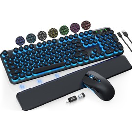 Wireless Keyboard and Mouse Backlit - Typewriter Keyboard with Magnetic Wrist Rest, Retro Round Keycaps, Light Up Letters, 2.4GHz Cordless Combo for Mac, Windows, PC, Laptop, Trueque [Upgraded]