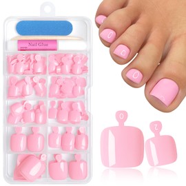 Bellelfin 144pc Pink Press on Toenails for Women, Pink Toe Nail Press ons Short Square Toe Press on Nails Fake Toe Nails Tips False Toenail Press ons with Nail Glue and Adhesive Tabs