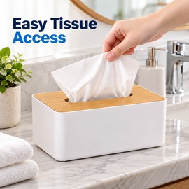 Bamboo Lid Tissue Box Cover for Home & Office – Minimalist White Tissue Holder for Bathroom, Bedroom & Desk Organization