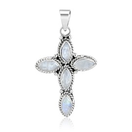 Unique Rainbow Moonstone Pendant Cross 925 Sterling Silver 12.5 Carat Jeweller's Quality Marquise Navette Cut
