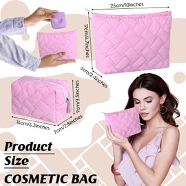 Huhumy 2 Pieces Quilted Makeup Bag Cosmetic Bag Preppy Travel Makeup Bag Toiletry Bag for Women Cute Puffer Makeup Pouch for Purse Zipper Makeup Bag Organizer Small Portable Skincare Bag(Rose Pink)