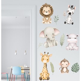 Peel and Stick Baby Safari Animals Watercolor Wall Decal, Watercolor Wall Sticker, Nursery Mural, Lion, Elephant Wall Decal A005