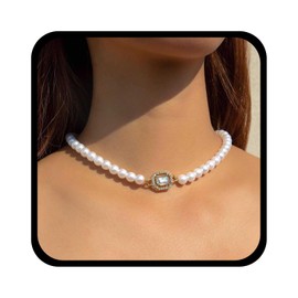 YienDoo Funky Square Crystal Pearl Choker Necklaces Crystal Solitaire Pendant Necklace Silver Pearl Strand Chain Choker Statement Sparkly Bridal Rhinestone Pearl Necklace Jewelry for Women