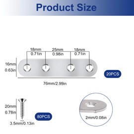 Flat Brackets for Wood, 20 Pcs Stainless Steel Mending Plates Straight Metal Brackets Joining Plates with Screws Sleeper Brackets for Repair Fixing