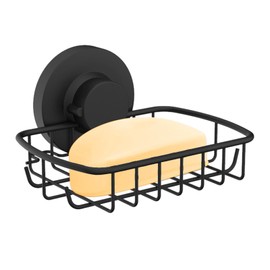 Poywaze Suction Soap Dish, Stainless Steel Soap Basket, No Drilling Chrome Bathroom Soap Holder for Shower, Black Soap Tray with Hooks Design